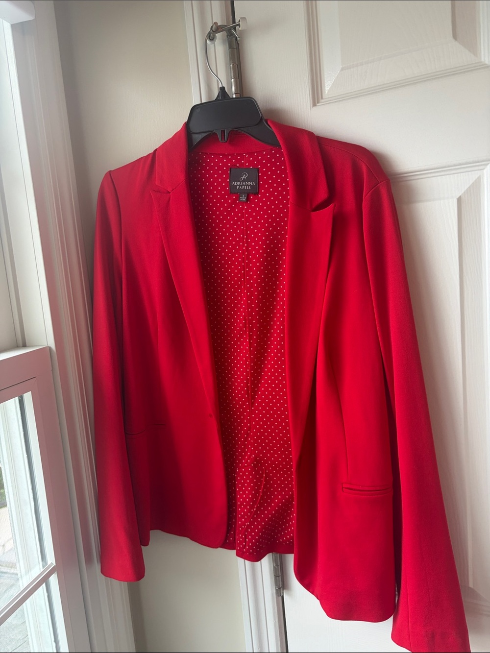 Adrienne Red Open-Front Blazer with Polka Dot Lining